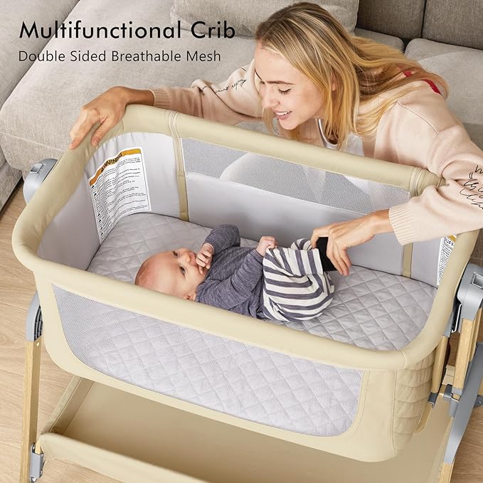 Bassinet Bedside Sleeper, Rocking Bassinets with Comfy Mattress and Wheels for Newborn, 5-Height Adjustable (Beige)