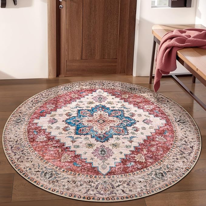 Ciicool Boho Area Rug 4x4ft Round Washable Bedroom Non-Slip Vintage Entryway Throw Low-Pile Indoor Carpet for Living Room Foyer