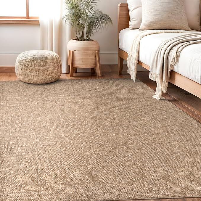Beverly Rug Easy Jute Natural Rug 5x7 Solid Washable Durable Outdoor Indoor Area Rugs for Living Dining Room Patio Office Stain Resistant Non Shedding Casual Indoor Outside Carpet 5 x 7 Natural