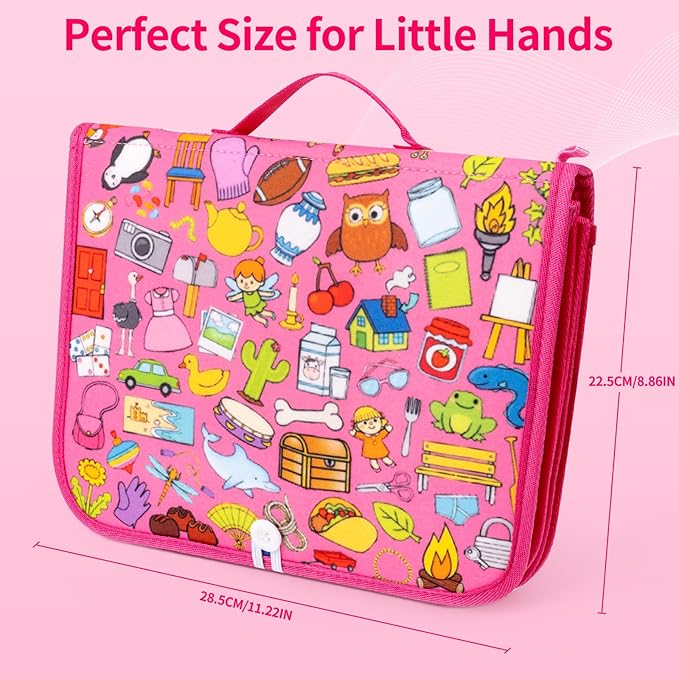 12-page Toddler Busy Board Montessori Toys for 1 2 3 4 Years Old, Busy Book for Toddlers 1-3 Girl Birthday Gift, 24 in 1 Activity Sensory Toys for Motor Skills, Travel Toy for Car Airplane (Pink)