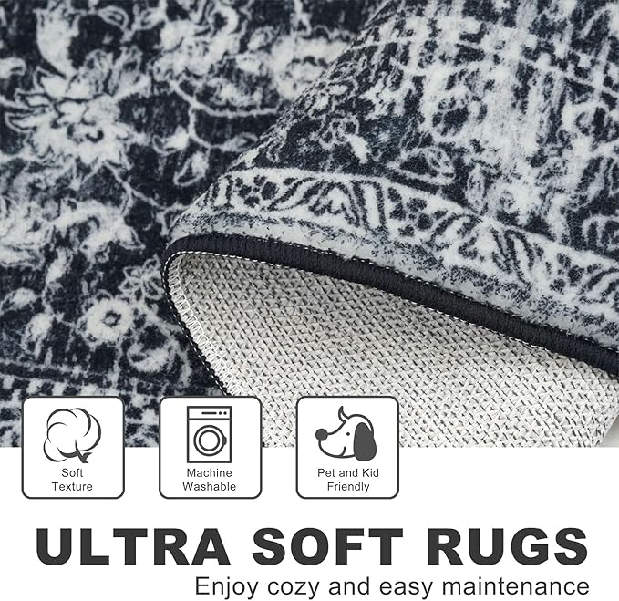KILOCOCO Washable Runner 2x5 Rug Runner Printed Vintage Floral Kitchen Runners Non-Slip Rubber Backed Runners for Hallways Distressed Thin Soft Rugs for Entryway Laundry Room, Black/White