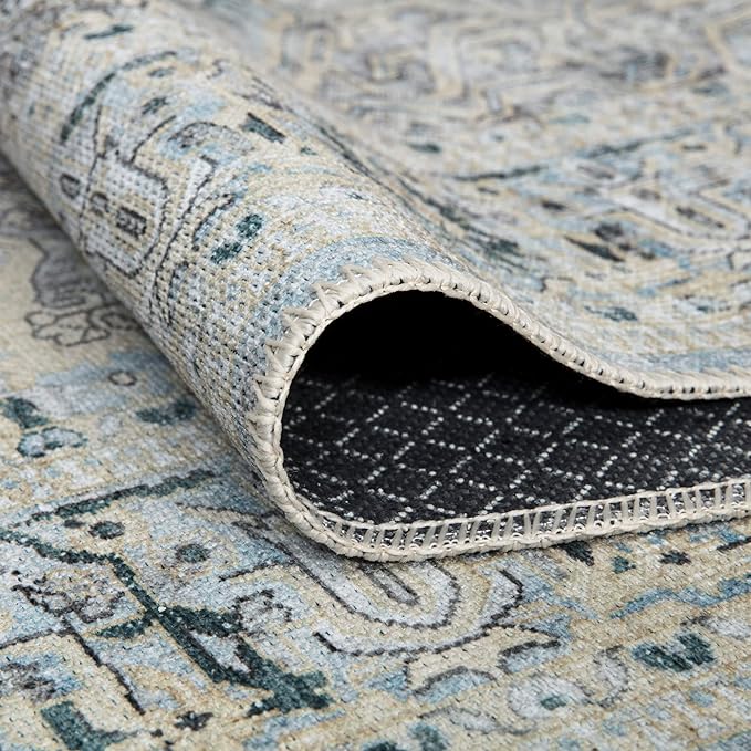 Bloom Rugs Washable Non-Slip 9' x 12' Rug - Cream/Light Blue/Teal Traditional Medallion Area Rug for Living Room, Bedroom, Dining Room, and Kitchen - Exact Size: 9' x 12'