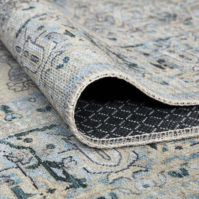 Bloom Rugs Washable Non-Slip 7 ft Runner - Cream/Light Blue/Teal Traditional Medallion Runner for Entryway, Hallway, Bathroom, and Kitchen - Exact Size: 2.5' x 7'