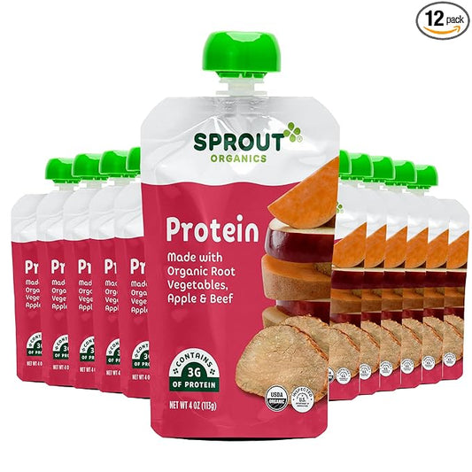 Sprout Organic Baby Food Pouches Stage 3, Organically Sourced Meat Protein, Root Vegetables Apple w/ Beef, 4 Ounce (Pack of 12)