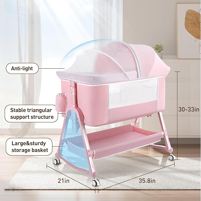 4 in 1 Bedside Bassinet for Baby, Portable Baby Bassinet with Wheels, Baby Crib with Changing Station, Mattress Included and Storage, Foldable Travel Bassinet for Baby/Infant/Newborn-Pink