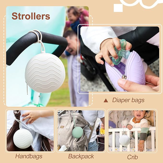 3 Pack Silicone Pacifier Holder Case, BPA-Free Cover Pouch for Baby, Portable Storage Container for Diaper Bag Stroller, Travel Outdoor Activities, Easy to Clean (Green, Grey, Purple)