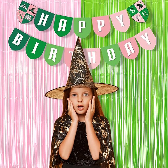 BRAVESHINE Party Streamers Backdrop - 2 Pack 3.2ft X 8.2ft Tinsel Foil Fringe Curtains for Halloween/Boo/Fairy/Girl Birthdays/Wizard/Baby Shower/Photos Booths/Pink and Green Party Decorations