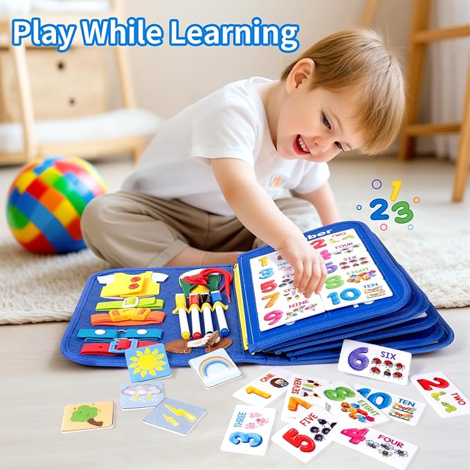 12-page Toddler Busy Board Montessori Toys for 1 2 3 4 Years Old, Busy Book for Toddlers 1-3 Boy Birthday Gift, 24 in 1 Activity Sensory Toys for Motor Skills, Travel Toy for Car Airplane (Blue)