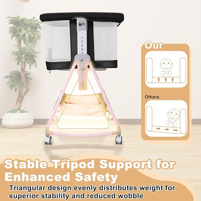 Baby Bassinet,3 in 1 Bedside Bassinet for Baby with Hanging Toys, Portable Foldable Bassinets Bedside Sleeper,4-Sided Mesh Bedside Crib with Wheels and Storage Basket,6 Height Adjustable (Black)