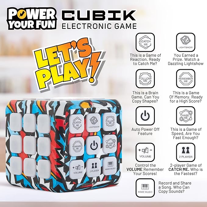 Power Your Fun Cubik LED Flashing Cube Memory Game - Electronic Handheld Game, 5 Brain Memory Games for Kids, STEM Sensory Toys Brain Play Puzzle Fidget Light Up Cube Stress Relief Fidget Toy (Action)