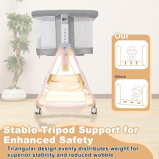 Baby Bassinet,3 in 1 Bedside Bassinet for Baby with Hanging Toys,Foldable Baby Bassinets Bedside Sleeper,4-Sided Mesh Bedside Crib with Wheels and Storage Basket,6 Height Adjustable (Light Grey)