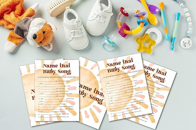 Baby Shower Games for Boy - Boho Sun Name That Song Game, Sunshine Here Comes The Son Gender Reveal - Set of 25 Cards (Bohosun008)