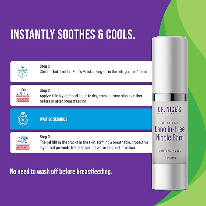 Dr. Nice's Moisturizing Gel - Lanolin-Free Nipple Cream for Breastfeeding - Nursing Essentials With Instant Cooling Relief for Sore Nipples - Water-Based Moisturizer Safe for Mom & Baby - (1 Fl. Oz)
