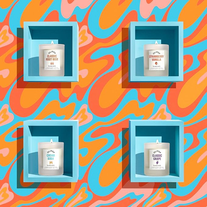 Homesick – Olipop Candle Variety 4-Pack – 1.85 oz Each Premium Scented Candles with Organic Cotton Wick, Natural Soy Wax Candle in Reusable Glass Jars, Wedding & Engagement Gifts for Couples