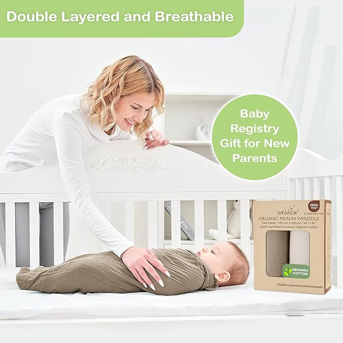 Organic Cotton Muslin Baby Blanket - 47x47 Inch Breathable Swaddle, Hypoallergenic Double-Layer, Versatile Use (Olive/Ivory, 47x47 Inch)