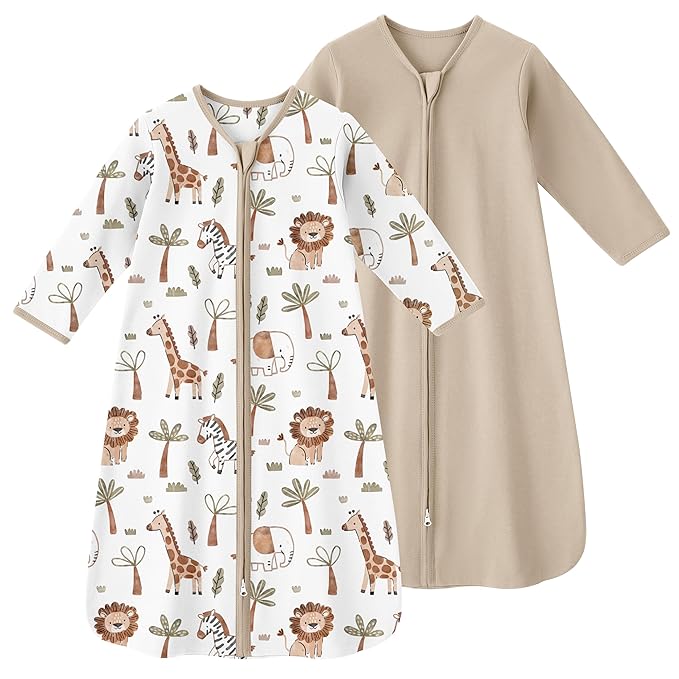 Baby Sleep Sack 18-24 Months, Long Sleeve Baby Wearable Blanket 0.5 Tog with Mittens, 2-Way Zipper Toddler Cotton Sleeping Sack for Boy and Girl Khaki Animal 2 Pack(XLarge)