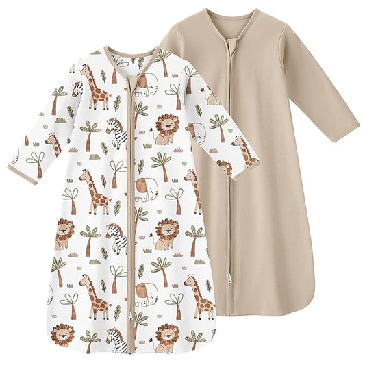Baby Sleep Sack 18-24 Months, Long Sleeve Baby Wearable Blanket 0.5 Tog with Mittens, 2-Way Zipper Toddler Cotton Sleeping Sack for Boy and Girl Khaki Animal 2 Pack(XLarge)