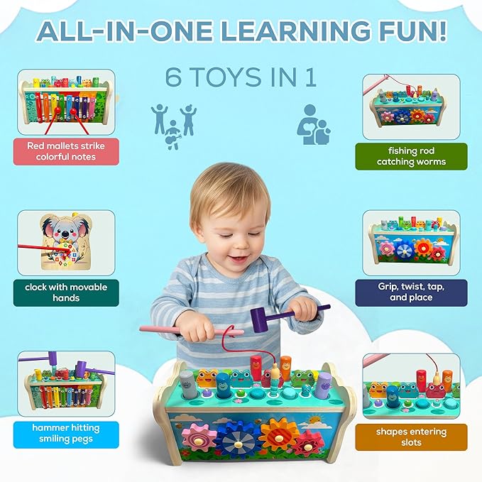 Montessori Wooden Hammering Toy β 6-in-1 Xylophone, Pound Bench, Shape Sorter & Learning Tool for Toddlers | Educational Musical Toy for Boys & Girls Ages 1β5 | Develops Motor Skills & Sensory Play