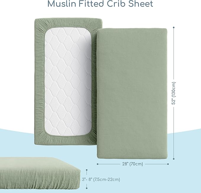 Muslin Crib Sheets, 100% Organic Cotton, Breathable and Ultra-Soft, Standard Crib Sheet Mattress (28"x 52") for Girls and Boys, Neutral Fitted Baby Crib Sheet (Sage Green)