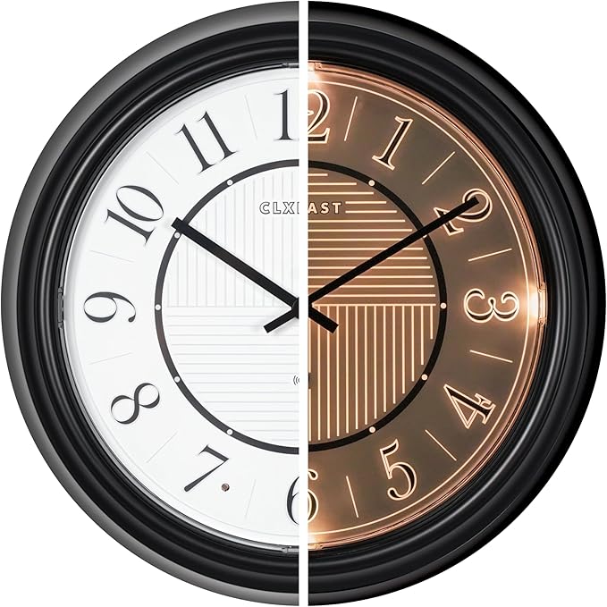 CLXEAST 14 Inch LED Illuminated Indoor Outdoor Atomic Analog Wall Clock Battery Operated, Glow in The Dark Wall Clock for Living Room, Home Office,Bathroom,Kitchen,Oil Rubbed Bronze Black Finish
