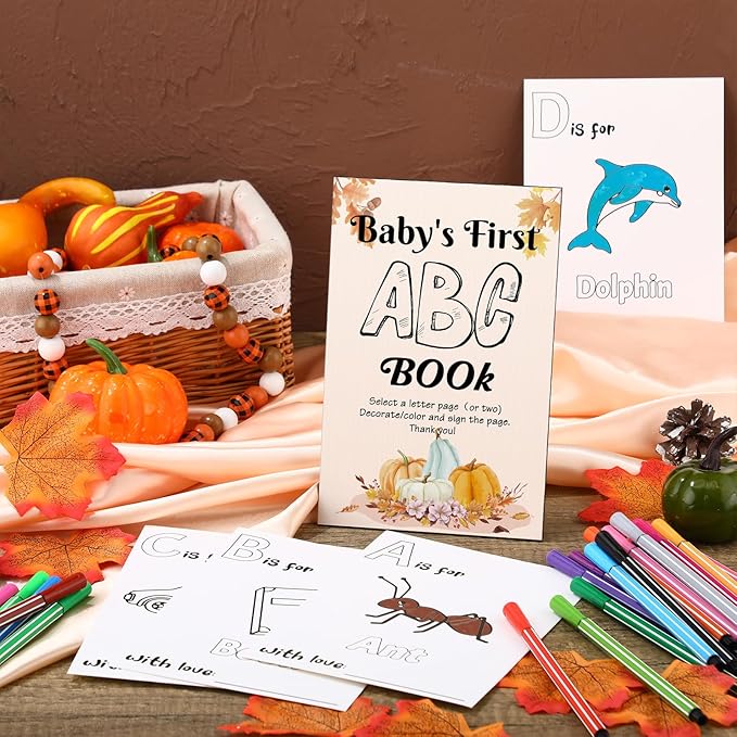 Geelin 51 Pcs Fun Baby Shower Game Activities First Abc Book Sign Coloring Game Card 26 Alphabet a to Z Coloring Card with 24 Watercolor Pen Storage Bag for Baby Shower Party(Autumn)