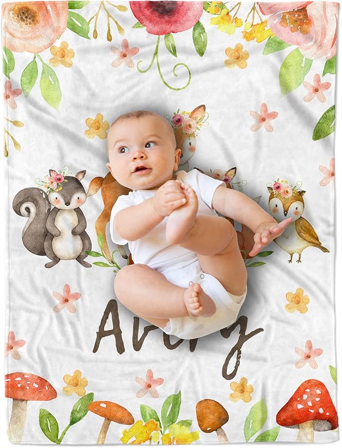 Arteaga Personalized Baby Blanket for Girls - Customized Woodland Animals Design, Super Soft Plush Fleece, 30''x40'' for Newborn, New Mom
