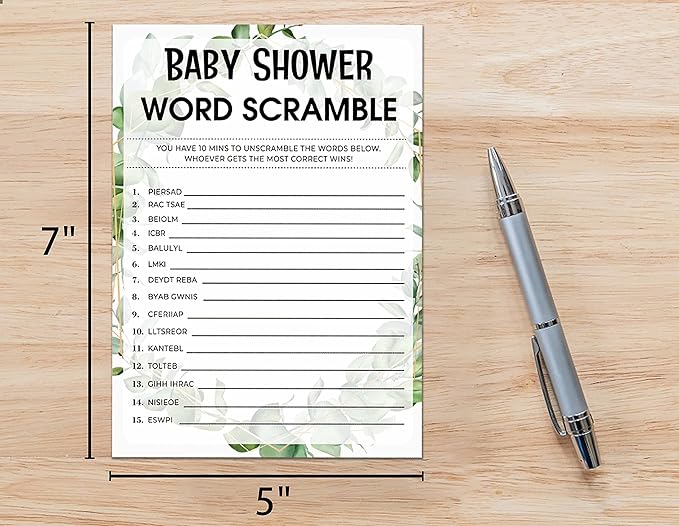Baby Shower Game Cards, Word Scramble Game, Tropical Jungle Theme Party Cards for Gender Neutral Boys or Girls, Set of 30 Cards(Green005)