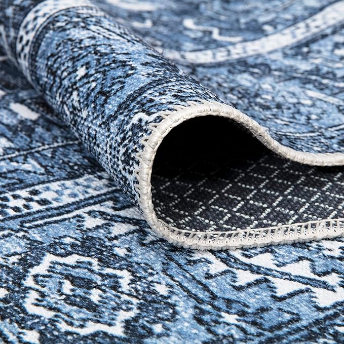 Bloom Rugs Washable Non-Slip 7 ft Runner - Blue Traditional Runner for Entryway, Hallway, Bathroom, and Kitchen - Exact Size: 2.5' x 7'