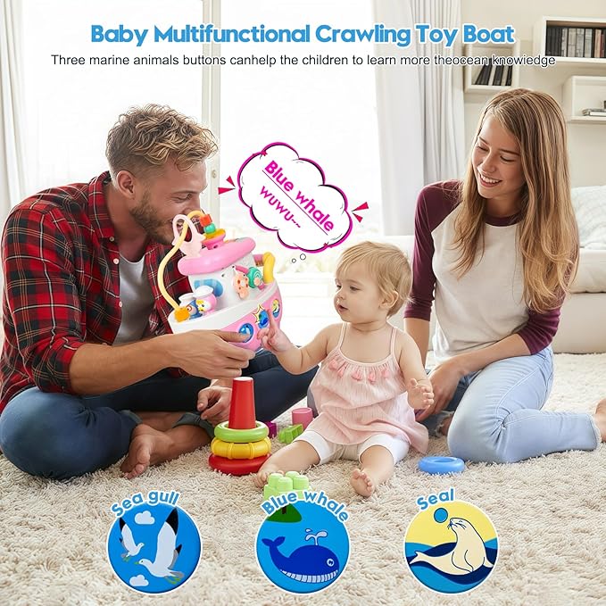 Toys for 1+ Year Old Girls - Baby Toys Crawling Boat with Music and Sound, 9-in-1 Baby Musical Toys 18+ Months Age, First Christmas 1st Birthday Gifts for 1+ Year Old