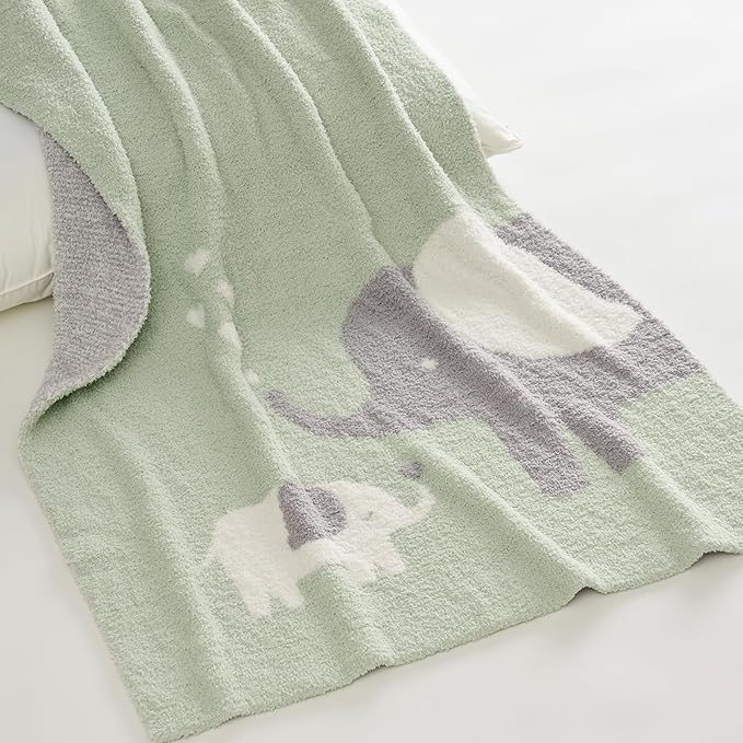 EVERGRACE Soft Plush Baby Blanket for Boys Girls with Print Animal Pattern, Fleece Fuzzy Toddler Nursery Blanket Lightweight Warm Cozy Throw Blanket for Baby Crib, Bed, Elephant, Sage Green, 50"x60"