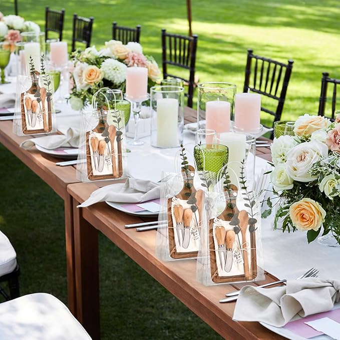 Baby Shower Prizes for Game Winners Bamboo Cheese Board Spoon Fork Butter Spreaders Plaid Towel Thank You Card and Gift Bags for Baby Shower Wedding Bridal Shower Favors (Acacia, 6 Sets)