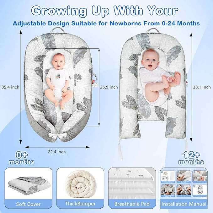 Baby Lounger for Newborn 0-24 Months, Baby Nest Cover Breathable and Soft Cotton, Infant Lounger with U-Shaped Safety Bumper for Cozy Comfort Baby Essentials (Leaves Grey)