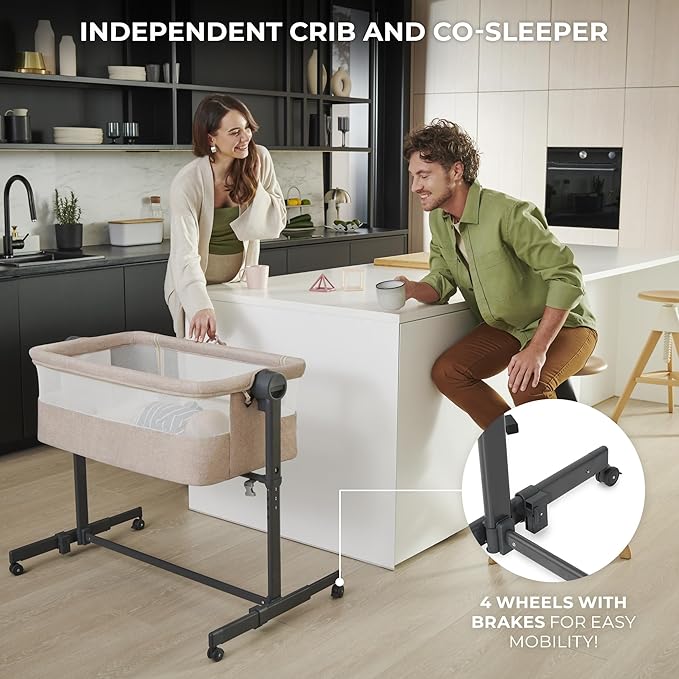 Kinderkraft Neste UP2 Bedside Cot 2 in 1, Co-Sleeper from Birth, Travel cot for Newborn, Adjustable Height, Included Mattress Sheet, with 4 Wheels, Breathable Mesh, Gray