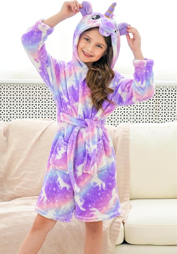 Doctor Unicorn Girls Fleece Hooded Robe Toddler Warm Fuzzy Bathrobe