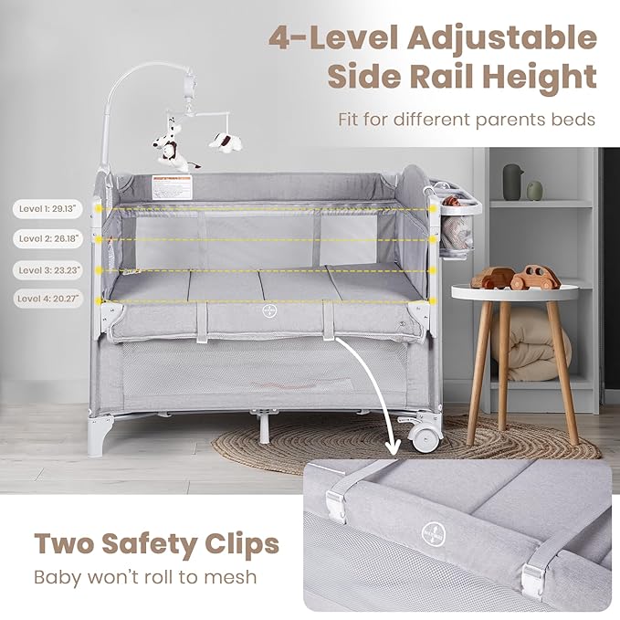Baby Bassinets Bedside Sleeper, 4 in 1 Portable Bedside Crib w/Mattress, Diaper Changer, Storage Basket, Music Box, Carry Bag, Foldable Playard Sleeper for Newborn (Light Gray)