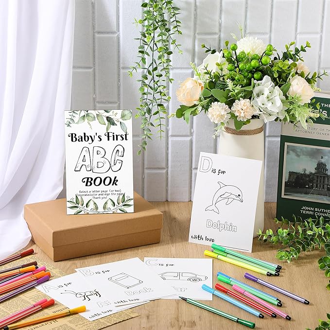 Geelin 51 Pcs Fun Baby Shower Game Activities First Abc Book Sign Coloring Game Card 26 Alphabet a to Z Coloring Card with 24 Watercolor Pen Storage Bag for Baby Shower Party(Greenery)