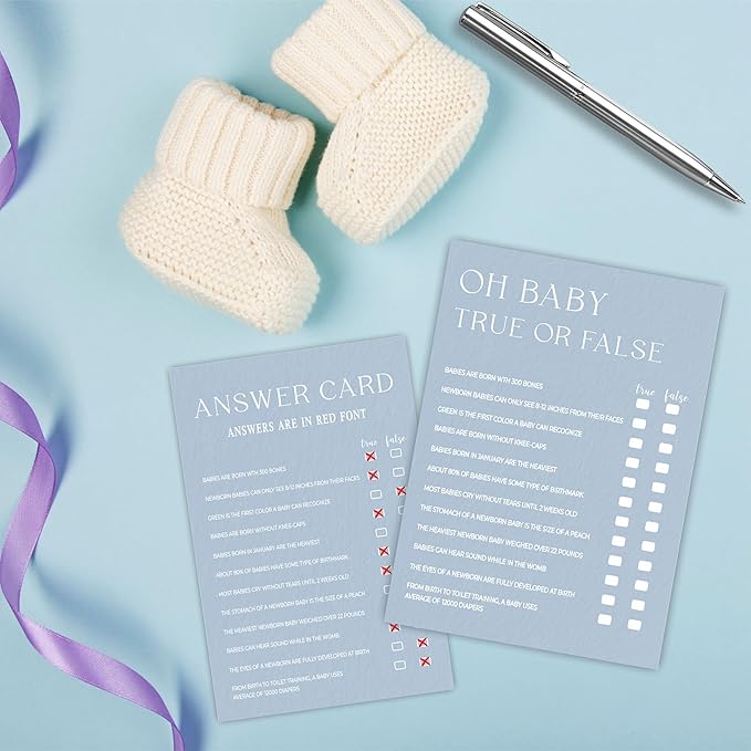 Minimalism Baby Shower Game Kits - Mist Blue - Guess Who Mommy Or Daddy - 30 Fill In Style Game Cards Each Set, Party Favor, Gender Reveal, Baby Announcement - A03