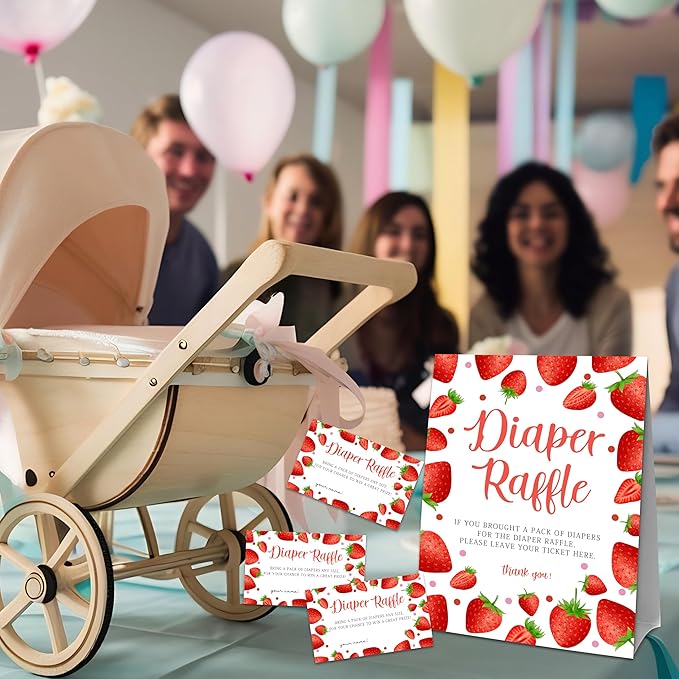 Strawberry Diaper Raffle Set For Baby Shower - 50 Raffle Tickets With 1 Standing Sign - Baby Announcement, Gender Reveal Baby Shower Party Decoration Game Set - A08