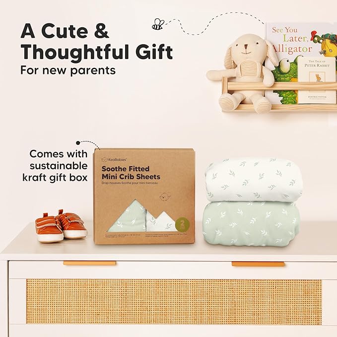 2-Pack Mini Crib Sheets Fitted - 38x26 Pack N Play Sheets for Pack and Play Mattress, Organic Cotton, Soft & Breathable Playard Bedding, Neutral Mini Toddler Bed Cover for Boys, Girls (Herb)