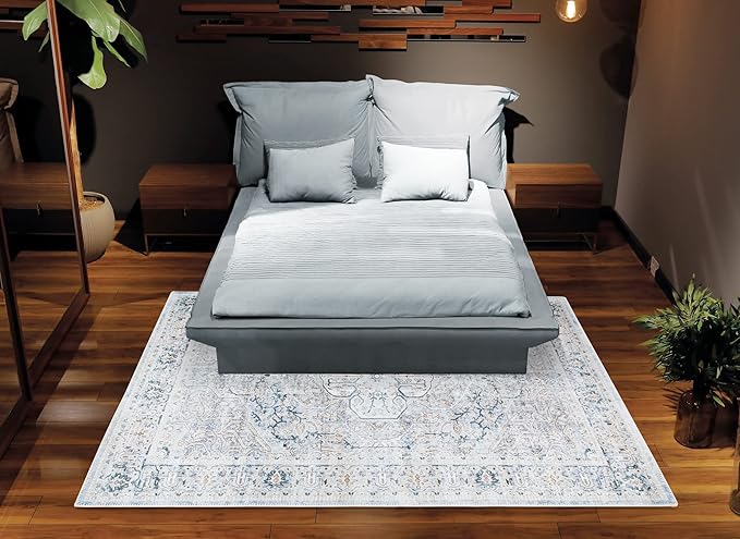 Bloom Rugs Washable Non-Slip 5' x 7' Rug - Cream/Light Blue/Teal Traditional Medallion Area Rug for Living Room, Bedroom, Dining Room, and Kitchen - Exact Size: 5' x 7'