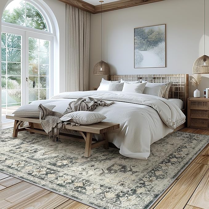 zesthome 9x12 Area Rugs,Stain Resistant Washable Rug,Ultra-Thin Rugs for Living Room,Bedroom,Non-Slip Backing Home Decor Large Area Rug (Grey/Beige,9'x12')