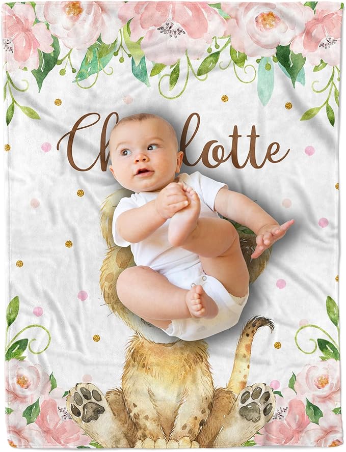 Arteaga Personalized Baby Blanket for Girls, Customized Lion Blanket, Super Soft Plush Fleece, 30''x40''