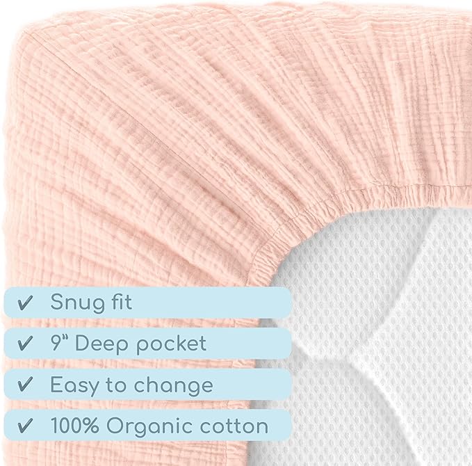 Muslin Crib Sheets, 100% Organic Cotton, Breathable and Ultra-Soft, Standard Crib Sheet Mattress (28"x 52") for Girls and Boys, Neutral Fitted Baby Crib Sheet (Apricot)
