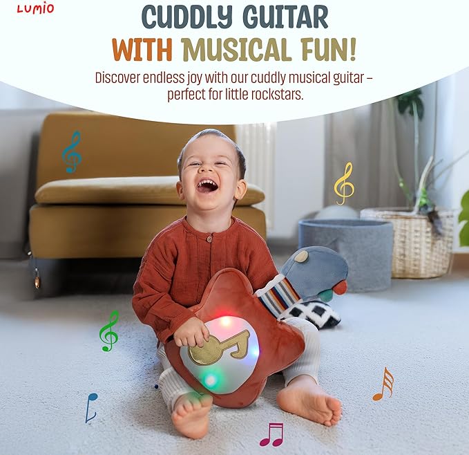 Lumio Interactive Musical Plush Toy with Lights and Sounds - Sensory Toy for 3 6 9 12-18 Months and up, Perfect for Tummy Time Rhythm Learning (Guitar) (Drum)