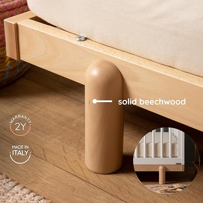 dadada Baby Bliss 4 in 1 Convertible Crib to Toddler Bed & Floor Bed – Made in Italy, GREENGUARD Gold Certified, Baby-Safe Finish, Sustainable Beech Wood, Modern Design (White and Natural)