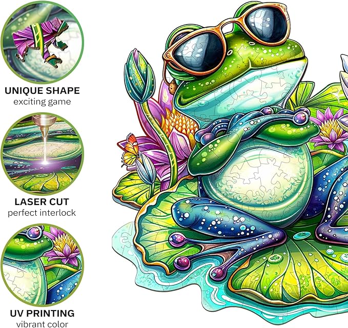 Jigfoxy Wooden Puzzle for Adults, Leisurely Frog Wooden Jigsaw Puzzles for Adult, Unique Animal Shape Wood Cut Puzzles, Christmas Thanksgiving Gifts for Friends Family (M-11.4 * 10.6in-170pcs)