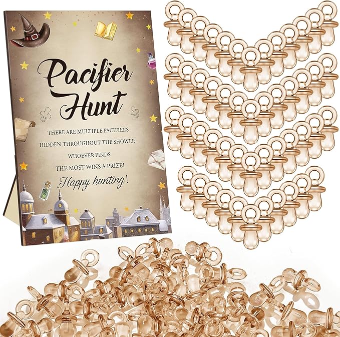 Thyle 51 Pcs Pacifier Hunt Baby Shower Games Include Hunt Sign and 50 Acrylic Pacifiers for Baby Shower Game Decoration Gift Sets Gender Reveal Party Decor(Magical Wizard)