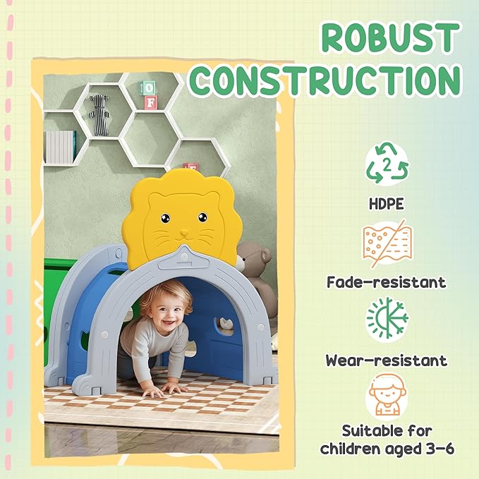 Qaba Lion Tunnel, Toddler Tunnel for Kids Crawl and Climb Through, Kids' Play Structure Indoor Outdoor, 4 Sections, Multicolored