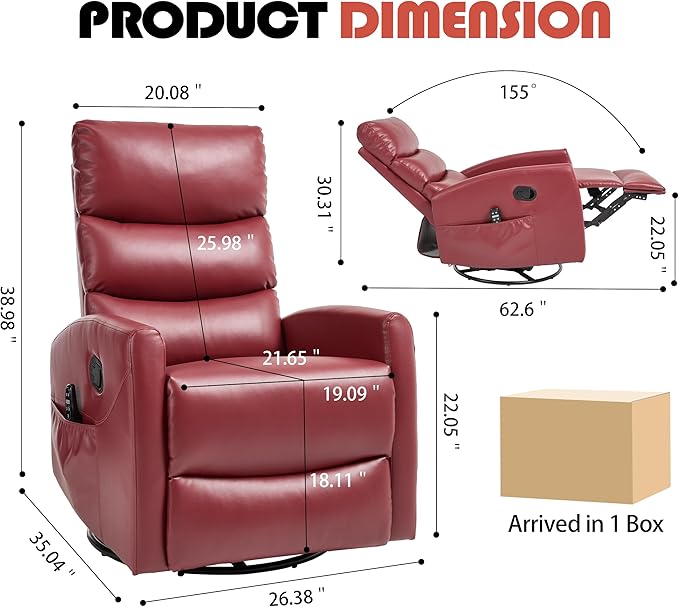 Manual Swivel Rocker Recliner Chair with Massage, Overstuffed Recliner Glider with Vibration Massage and Heat for Nursery, Living Room Reclining Sofa Chair, PU Leather Red