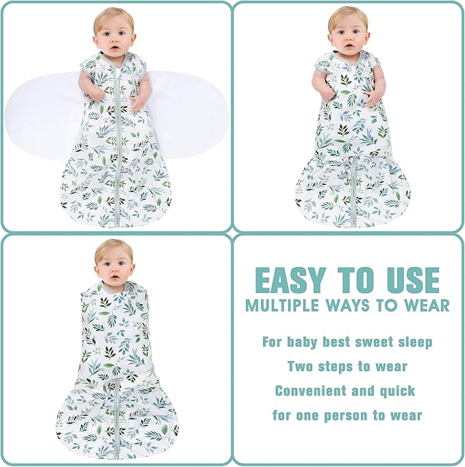 Newborn Sleep Sack Baby Swaddle,Swaddle me 0-3 Month,3-Way Adjustable Wearable Blanket,100% Rayon Cotton Swaddling Sleeping Bag,TOG 0.5 (Leaf, 0-3 Months)